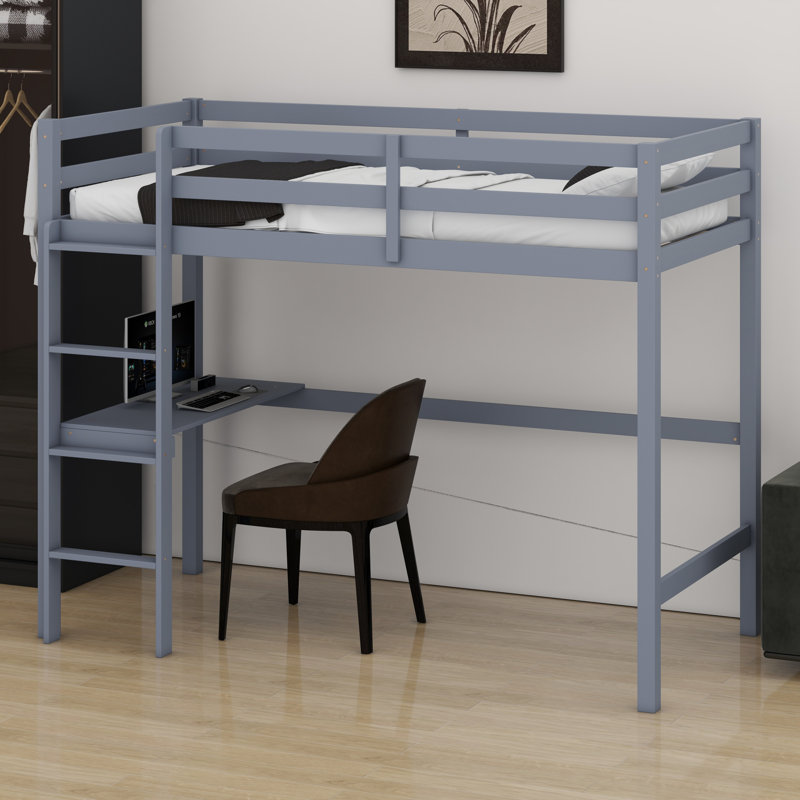 High Wood Loft Bed, With Safety Guardrail, Built-In Desk, Ladder, Gray