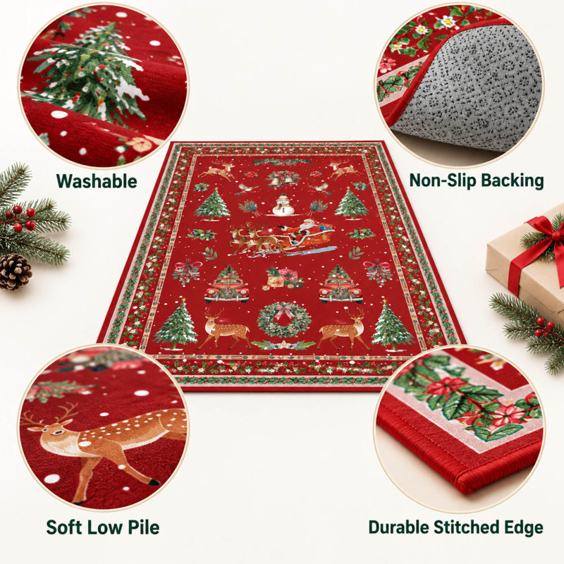 Tapis de Noël lavable de 152 x 213 cm avec envers antidérapant