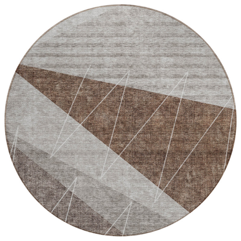 Tapis d'intérieur rond lavable géométrique 8 pi gris et argenté taupe