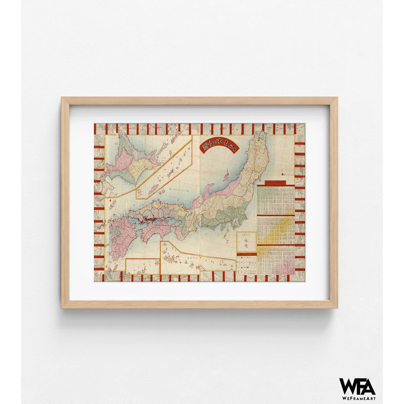 Japon avec points d'intérêt et table des comtés, impression de carte japonaise antique, ancienne carte du Japon, impression d'affiche décor japonais