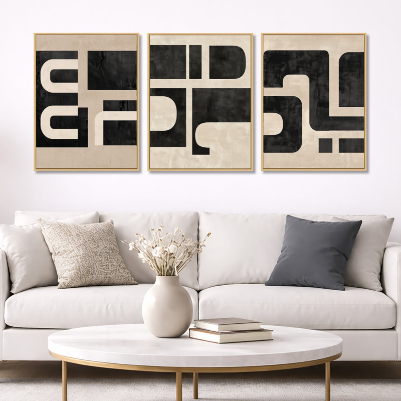 Compositions minimalistes et abstraites dans des tons de nature II - ensemble d'art mural abstrait noir Mid-Century de 3