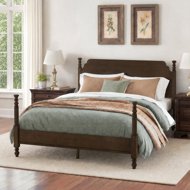 Cleo Solid Wood Bed Frame With Spindle Design, Queen, Dark Walnut