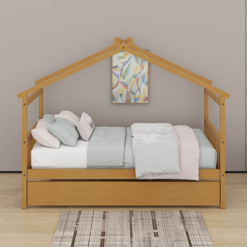 Lit simple en bois avec lit gigogne, Naturel
