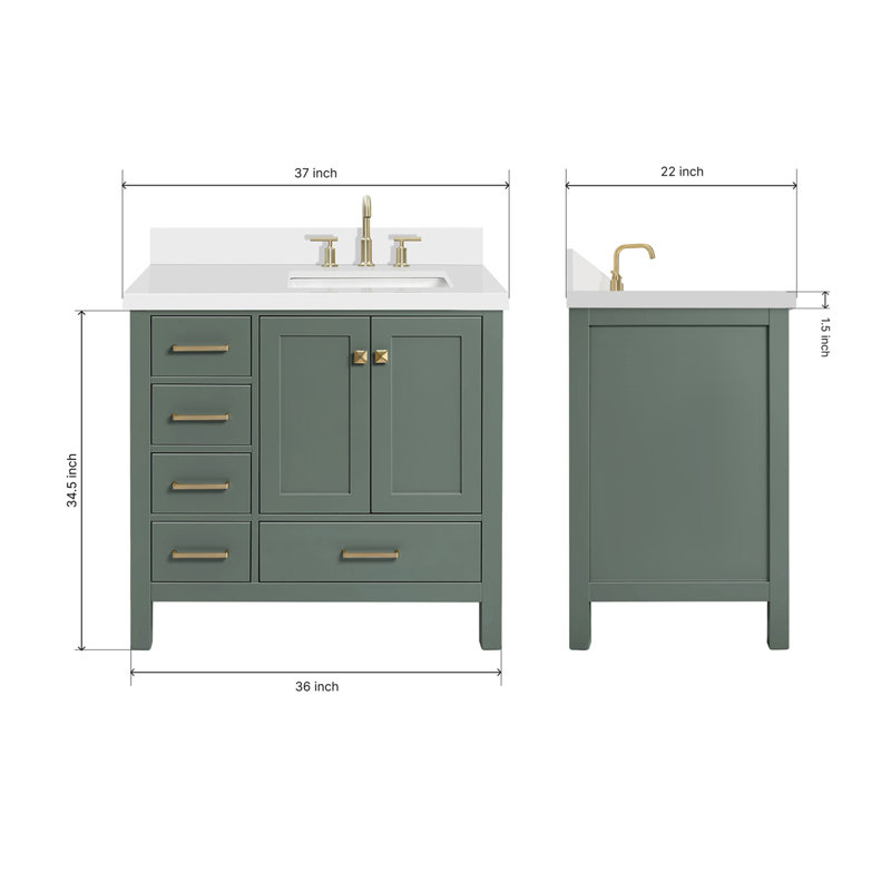Cambridge 37'' W Single Vanity, Pure White Quartz, Satin Brass, Vintage Green
