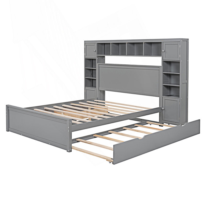 Grand lit avec armoire, tablette et prises tout-en-un, gris