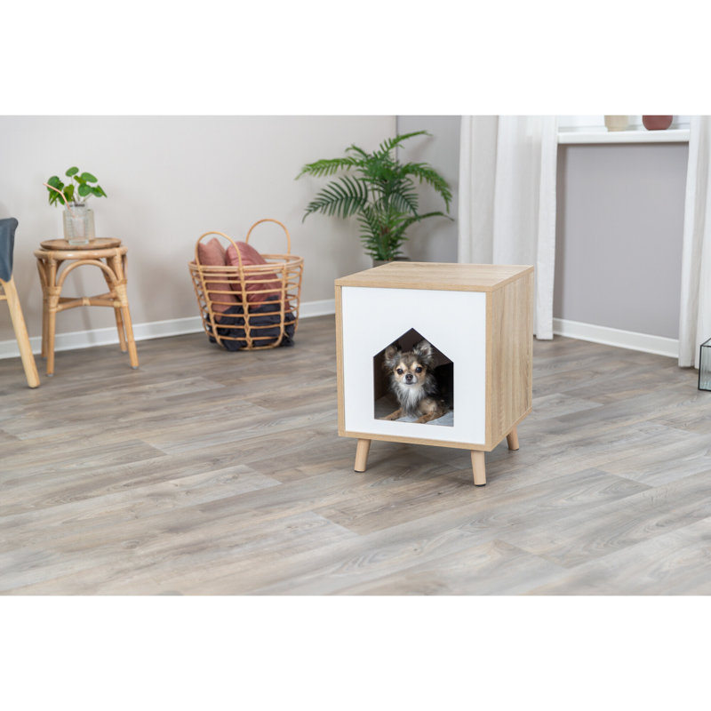 Modern Oak and White Cat Condo Side Table with Cushion