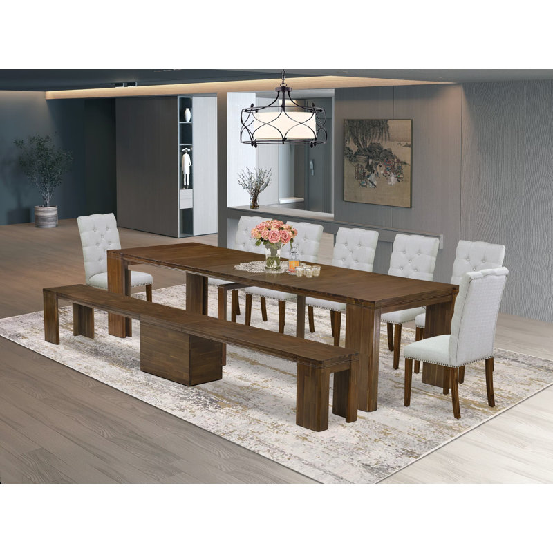 L'ensemble de salle à manger 9 pièces comprend une table de salle à manger rectangulaire extensible, 7 chaises de salle à manger et 1 banc moderne, noyer antique