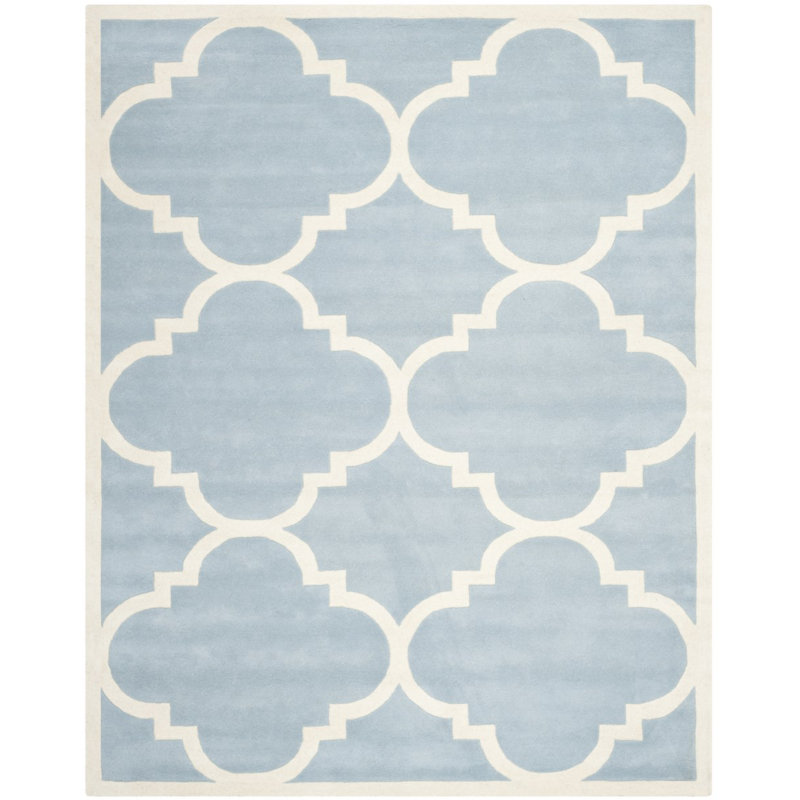 Blue and Ivory Hand-Tufted Wool Geometric 9' x 12' Rug