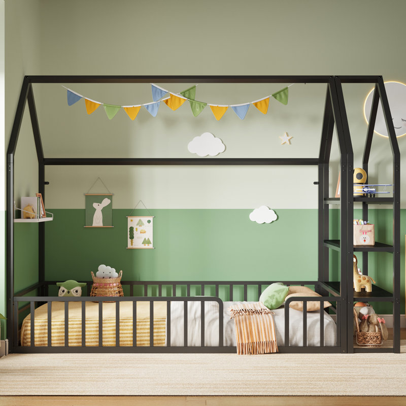 Twin Bed Frame With Storage, Floor Metal House Bed With Fence Guardrails, No Box Spring Needed, Space Saving For Bedroom And Dorm, Easy Assembly, Black