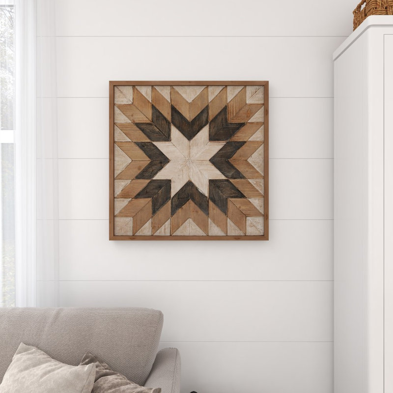 Décoration murale géométrique en bois brun faite à la main style sud-ouest 30 po x 2 po x 30 po
