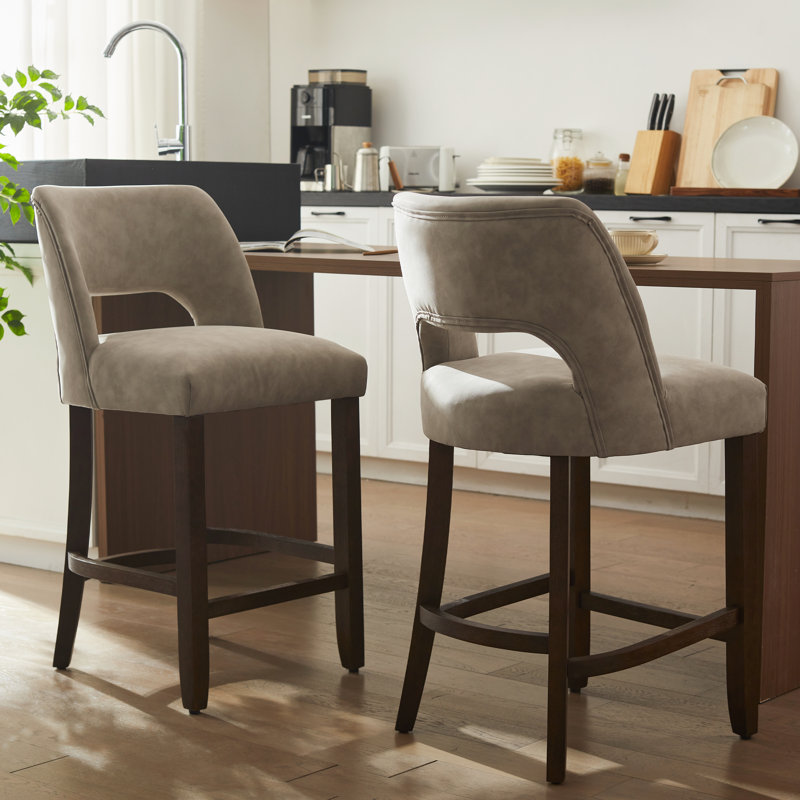  Bisto Faux Leather Upholstered Counter Height Bar Stool With Solid Wood Legs Set of 2, Taupe, 2