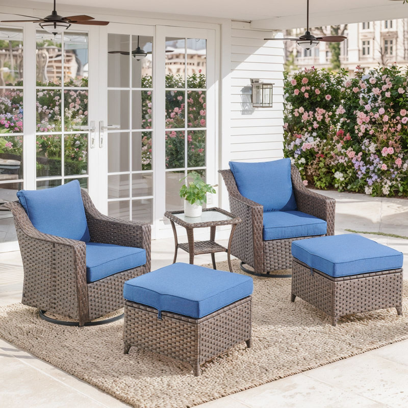 Jenesys Outdoor Swivel Glider Chairs Set With Ottomans & Side Table - Comfortable, Durable For Patios & Gardens, Blue