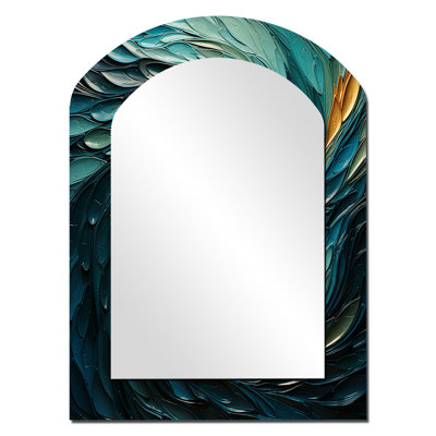 Majestic Motion Teal Spiral III - Abstract Spirals Arch Wall Mirror, Modern Asymmetrical Decorative Mirror, Printed Metal Art
