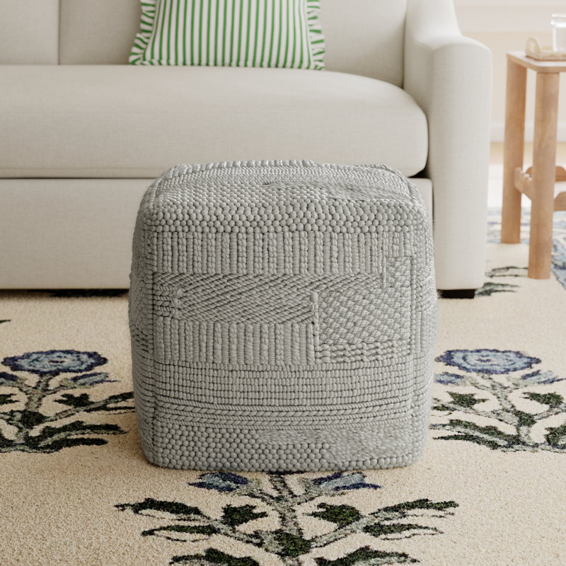 Upholstered Pouf, Light Silver
