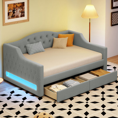 Upholstered Twin XL Size Daybed with LED Belt and 2 Drawers