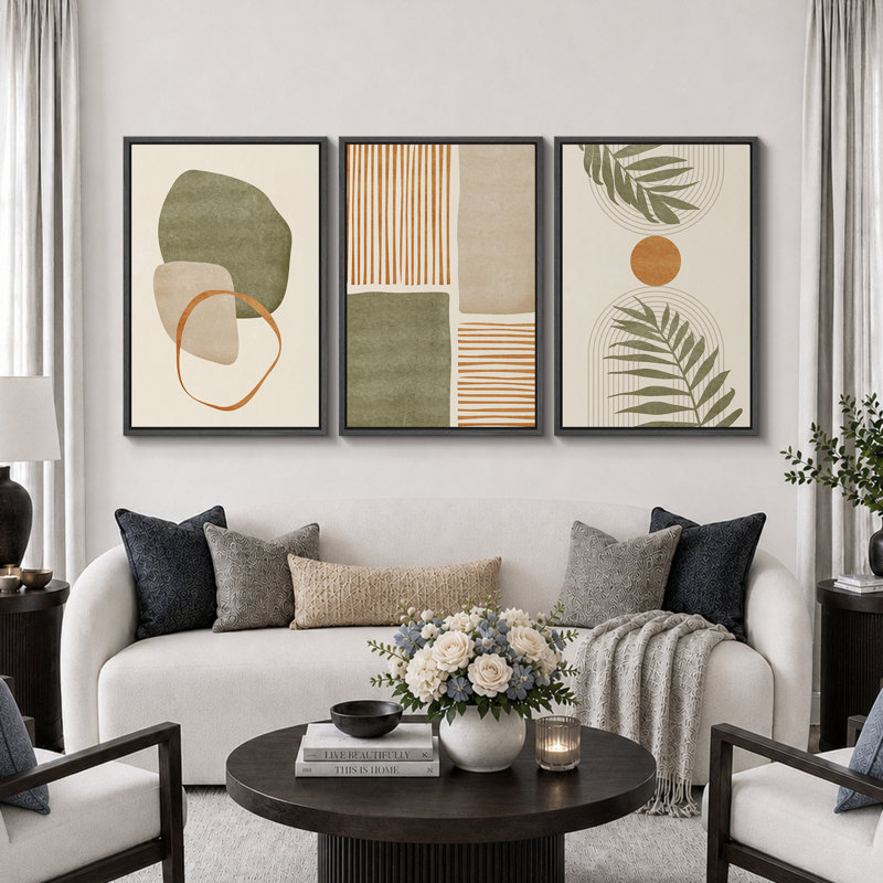 Mid Century Modern Boho "Organic Tropical Leaf Artwork, Neutral Abstract Warm Pictures, Framed Canvas 3 Pieces Giclee Print Wall Art