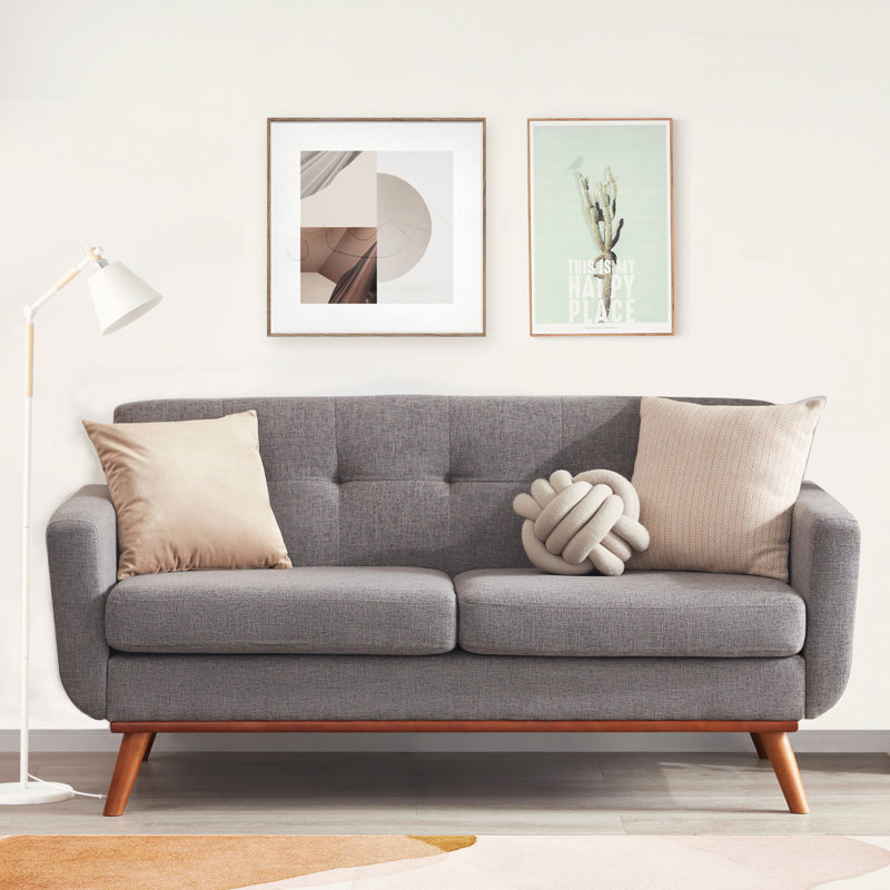 Carmencita 65" Linen Upholstered Square Arm Loveseat, Gray Linen, Solid Wood