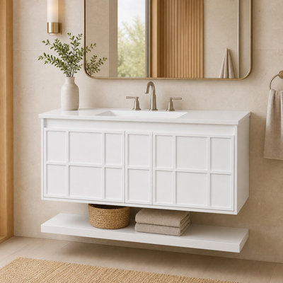 Meuble-lavabo mural blanc de 122 cm (48 po) avec comptoir en composite, deux grands tiroirs et tablette flottante