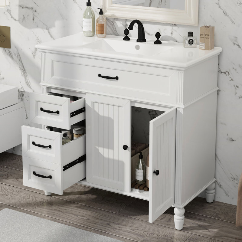 Meuble-lavabo autoportant de 36 po avec lavabo en céramique, tiroirs à fermeture en douceur et grand rangement, Blanc