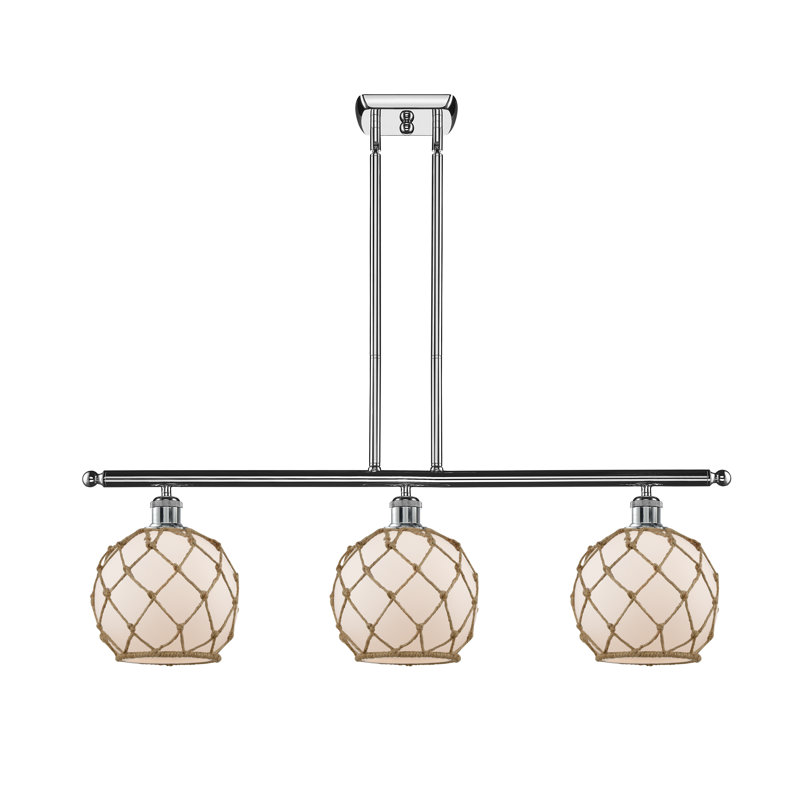 Luminaire suspendu linéaire à 3 lumières pour îlot de cuisine Hildebrandt Farmhouse, Blanc avec corde brune, Chrome poli
