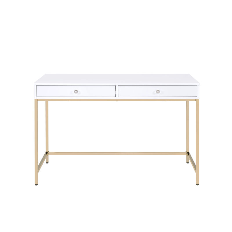 Bureau d'écriture blanc à 2 tiroirs blanc brillant et doré sur place