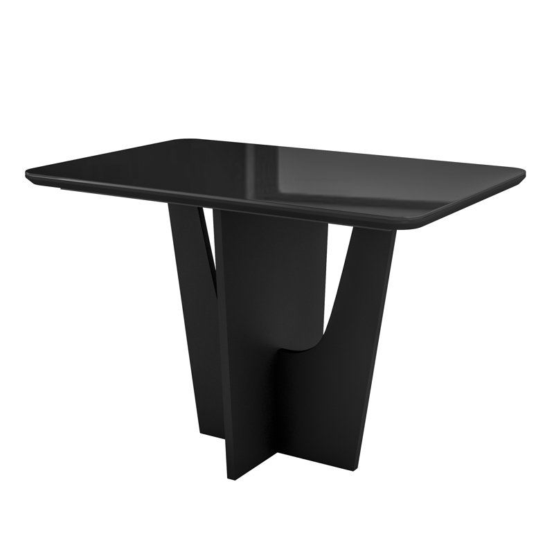Compact Italian Style Dining Table for 4 with Painted Glass top and Elegant Wood Base, Black, Black
