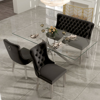 Luxury Dining Set with Hand-Tufted Velvet Bench & Chairs, 8mm Tempered Glass Table, Modern Furniture for Dining Area