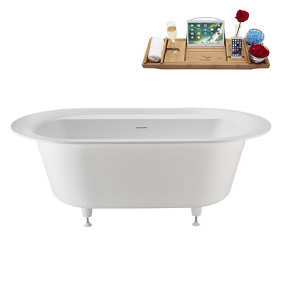 59" Streamline NS7440CH Soaking Matte White Stone Resin Drop-In Bathtub and Tray With Internal Drain in Polished Chrome