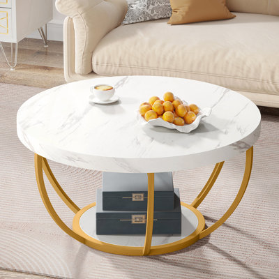 Table basse ronde moderne, en faux marbre blanc à 2 niveaux et pieds en métal doré, idéale pour les salons et les bureaux contemporains