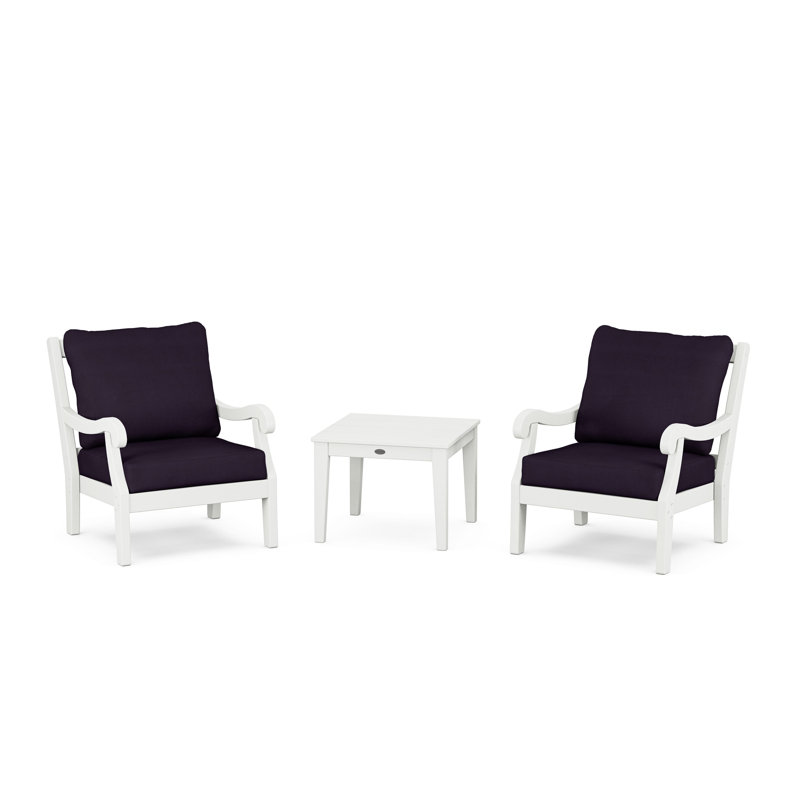 Birch Lane Verlyn 3-Piece Deep Seating Set, Navy Linen Cushion/White Frame