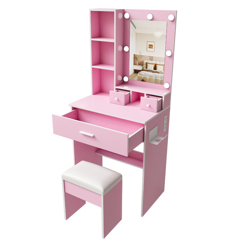 Table de coiffeuse avec miroir et lumières DEL réglables, prise de courant, support pour sèche-cheveux et un tabouret