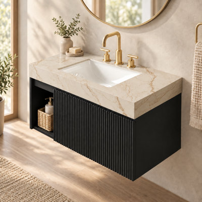 Meuble-lavabo mural de 91 cm (36 po) avec comptoir en pierre frittée gris Carrara et lavabo encastré en céramique, armoire flottante en contreplaqué avec 2 portes cannelées et tablette ouverte, noir