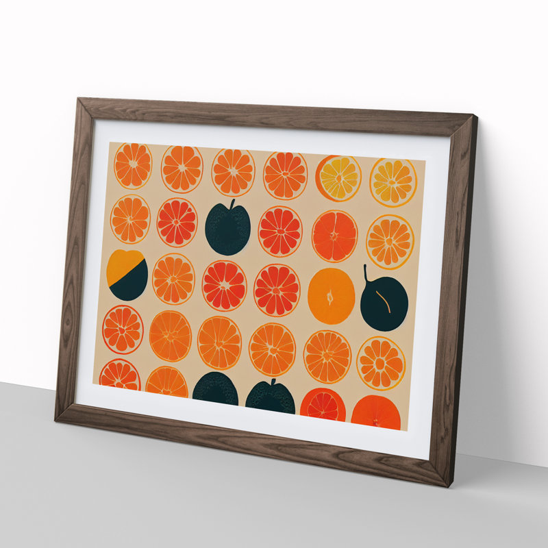 Retro Orange Fruit Slices - Single Picture Frame Painting, 34cm H x 46cm W x 2cm D, Walnut Framed