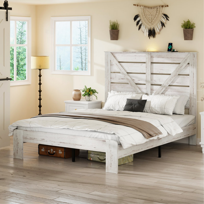 Tête de lit double, cadre de lit plateforme en bois, silencieux, aucun sommier nécessaire et outil d'assemblage facile, grand rangement sous le lit, blanc
