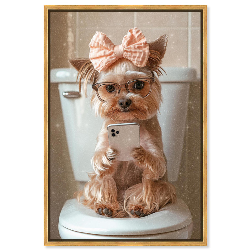 Mignonne Yorkie sur la toile , Cadre flottant doré, H 16 po x l 11 po