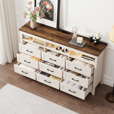Karlea 63" Farmhouse 9 Drawer Dresser,Long Dresser TV Stand With LED Lights & Charging Station,Chest Of Drawers
