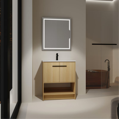 Meuble-lavabo de 30 po avec lavabo en céramique. Armoire en contreplaqué, 2 portes à fermeture douce. Style américain. Installation facile. Armoire en chêne. Conception ergonomique. À assembler.
