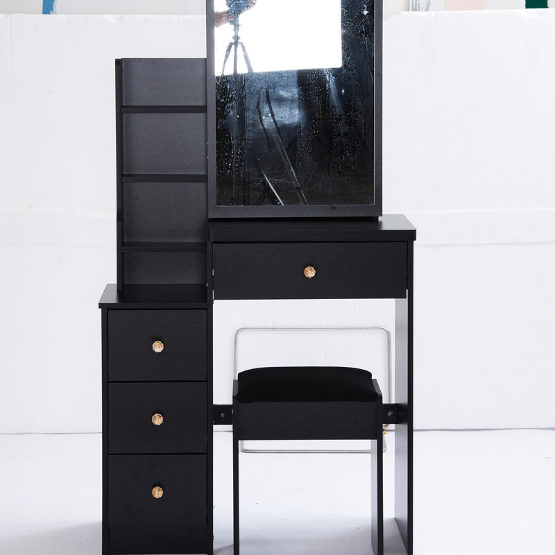 Petit meuble-lavabo avec tabouret rembourré, miroir coulissant massif, rangement multi-couches, commode noire pour table à espaces restreints, très grand miroir et chaise, chambres de rangement multicouches, noir,