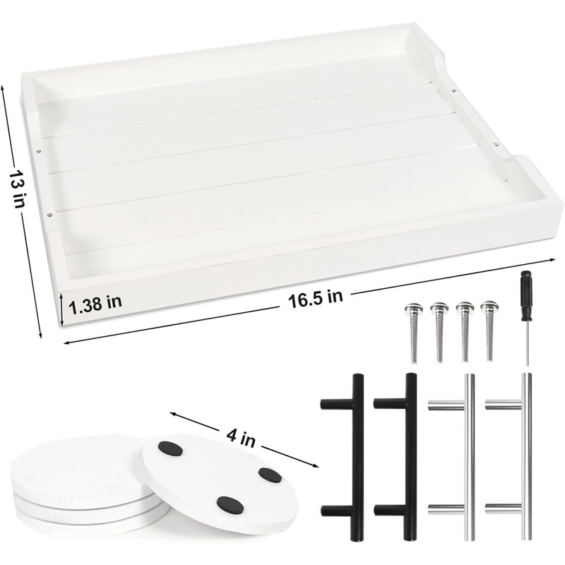 Large White Wooden Coffee Table Ottoman Tray with 2 Sets of Handles and 4 Round Coasters