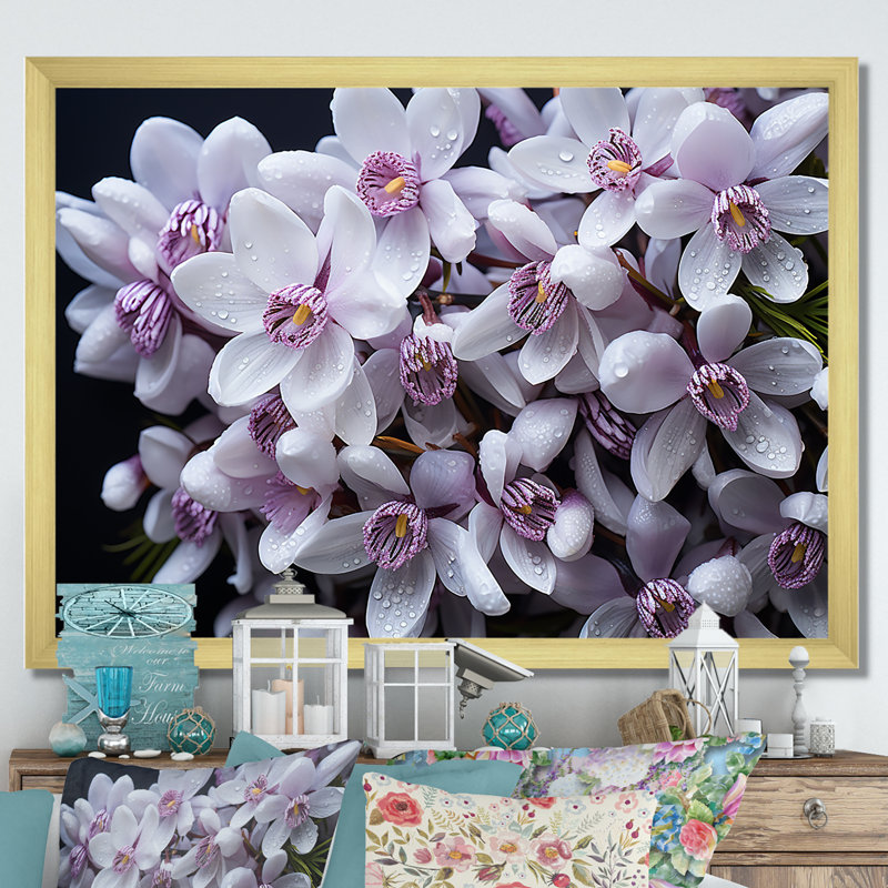 Lavande, neige, hiver, fleur sur toile, H 24 po x l 32 po x P 1 po, Cadre doré simple