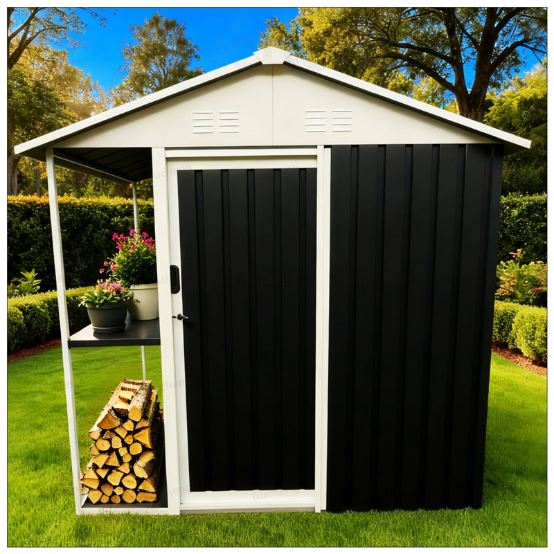 Remise de rangement extérieure en métal durable avec supports et tablettes intégrés, parfaite pour organiser les outils de jardin et les vélos
