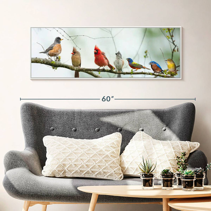 Rassemblement d'oiseaux, Cadre flottant blanc, 46 po x 16 po