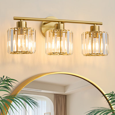 3-light Gold Crystal Vanity Light Modern Design Damp Rated For Glam Bathroom & Bedroom Mirror