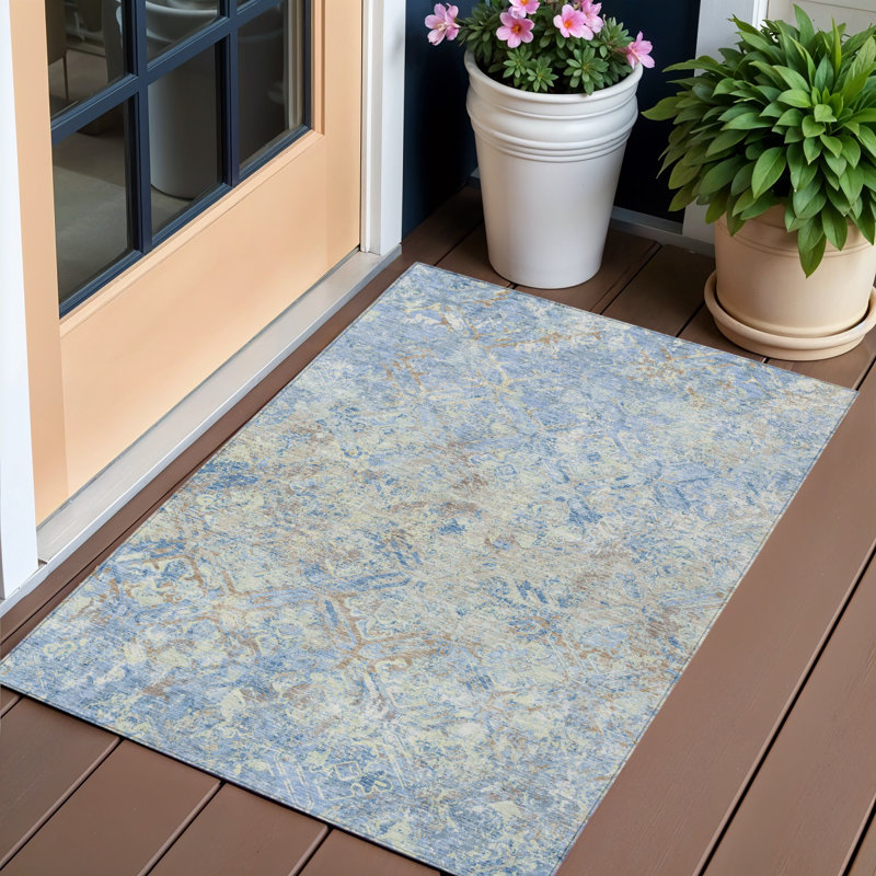 HomeRoots 3' X 5' Sky Blue And Denim Blue Geometric Washable Indoor Outdoor Area Rug