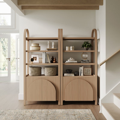 3 Tier Arched Bookshelf With Cabinet Base And Solid Wood Frame (2-Piece Set)