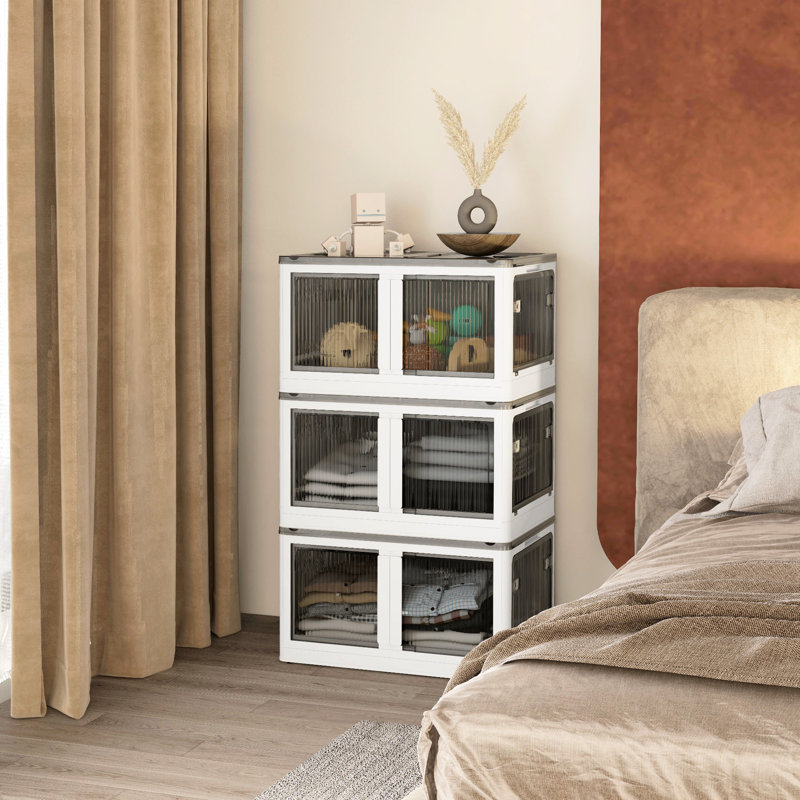 32 bacs de rangement empilables, 3 paquets d'unités en plastique pliables. Rangez les livres et les chapeaux. 5 accès. Blanc. L 18,59 "X H 15,63" avec couvercles. 3 organisateurs. Accès et roues. Pliable pour plus de commodité.