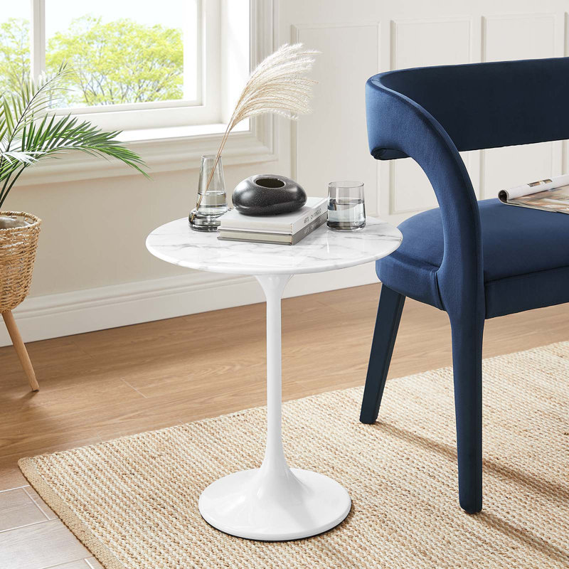 Table d'appoint ronde en marbre artificiel 20 po Lippa, Blanc, White