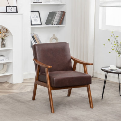 Chaise d'appoint Mid-Century compacte, rembourrée en microfibre brun foncé avec structure en bois massif pour une utilisation intérieure à la maison