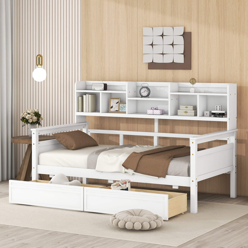 Lit de jour simple avec support en lattes de bois, tablettes de chevet et deux tiroirs, Lit simple, Blanc