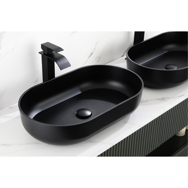 Lavabo ovale de 61 cm x 36 cm pour salle de bain - ABS noir mat, modÃ¨le sur pied au design avant-gardiste